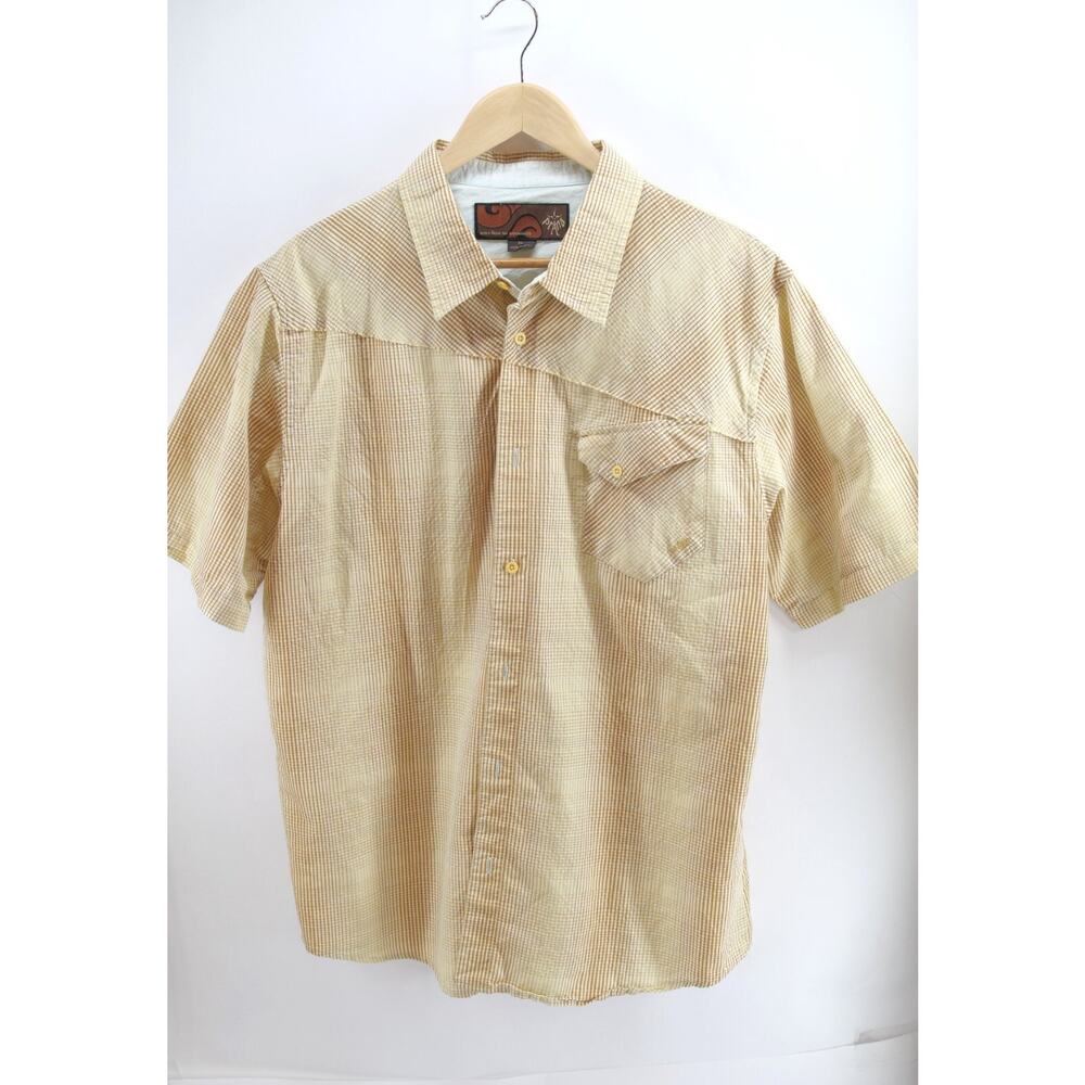 Prana Button Up Shirt Men's XL‎ Yellow Striped Geometric Short Sleeve